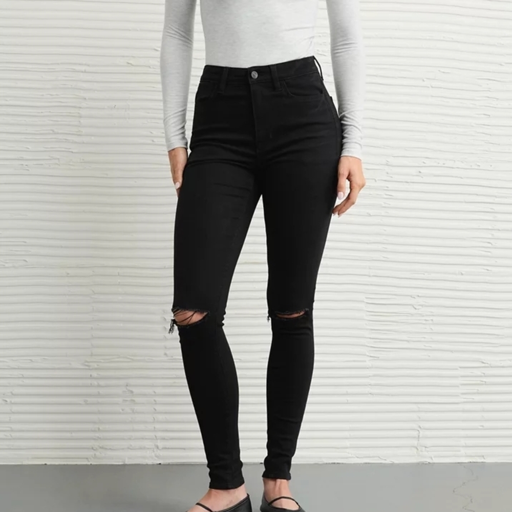 NWT AE Next Level Ripped Super High Waist Distressed Jeggings Onyx Black 2 Short